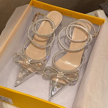 PVC Skaidri Pažymėjo Tne Moterų Siurbliai Sandalai Mados Crystal Butterfly-mazgas Dizaineris Vestuvių Ponios Aukšto Kulno Batai Pilka