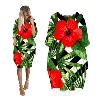 suknelės moterims kišenėje ilgomis rankovėmis atsitiktinis moters drabužių mados plius dydis ponios drabužiai midi moteriška suknelė tropinių gėlių RD
