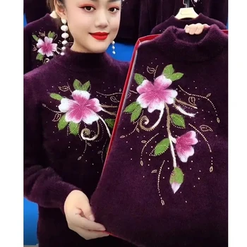 Žiemos Motina Elegantiškas Megztinis Ir Megztinis Naujas Storio Imitacija Mink Aksominis Džemperis Siuvinėjimo Moterų Megzti Megztinis Femme Viršūnės