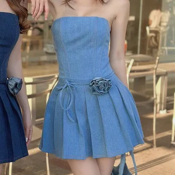 Seksualus Mėlynos Džinsinio audinio Apvalkalas Mini Šalis Suknelė Moterims Y2K Gatvės Stiliaus Džinsus, Džinsinį audinį Gofruotasis Vamzdis Backless Bodycon Suknelė Mados 2023 Liemenė