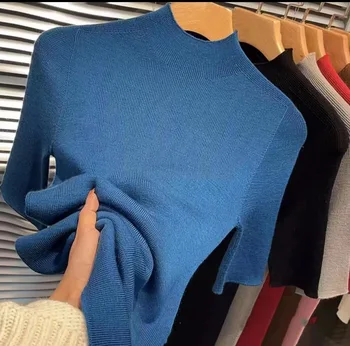 Naizaiga 100 merino vilnos Juoktis kaklo plonas trumpomis rankovėmis mėlyna ruda kupranugaris 2023 rudenį Moterys puloveriai megztinis marškinėliai TXsm2