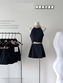 Vasarą Moterys Derliaus Dizaino Estetikos Dryžuota Apranga 2 Dalių Komplektas Be Rankovių Pasėlių Viršuje + Mini Sijonas Korėjos Mados Elegantiškas Naujas