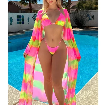 2023 3pack maudymosi Kostiumėliai Su Kimono Moterų Atogrąžų Spausdinti Bikini maudymosi kostiumėlis Beach Padengti Iki Apynasrio Bikini Komplektas Paplūdimio